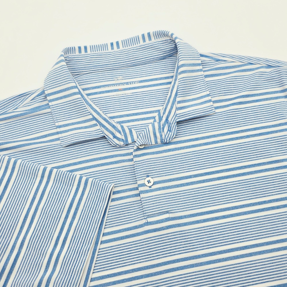 Southern Tide Mens XL Blue White Striped Performance Stretch Short Sleeve Polo